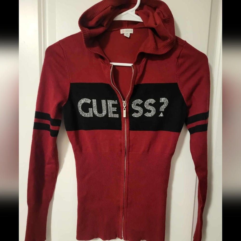 GUESS Red and Black Women's Zip-Up Sweater